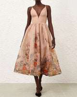 ZIMMERMANN Pavillion V Neck Midi Dress - Peach Sz0 NZ8