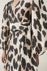 GANNI Linen Silk Wrap Dress - Leopard Sz40 NZ Large