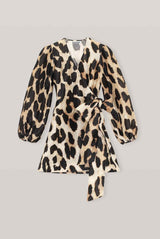 GANNI Linen Silk Wrap Dress - Leopard Sz40 NZ Large