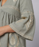 GREEK ARCHAIC KORI Feather Embroidered Mini Dress - Green & Gold SzS