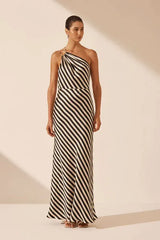 SHONA JOY Escalet One Shoulder Silk Maxi Dress - Black Cream Sz10
