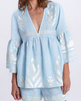 GREEK ARCHAIC KORI  Feather Embroidered Top - Blue & White SzS