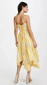 ZIMMERMANN Lumino Asymmetric Ruffled Striped Linen Midi Dress - Yellow O/S