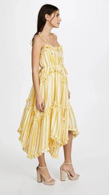 ZIMMERMANN Lumino Asymmetric Ruffled Striped Linen Midi Dress - Yellow O/S