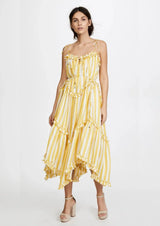 ZIMMERMANN Lumino Asymmetric Ruffled Striped Linen Midi Dress - Yellow O/S
