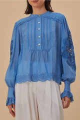 FARM RIO Long Sleeve Organic Cotton Blouse - Sky Blue SzS