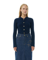GANNI Mini Ribbed Merino Cardigan - Navy SzS