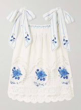 FARM RIO Daisy Embroidered Linen Blend Top - White /Blue SzS