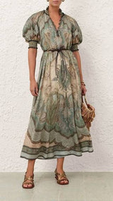 ZIMMERMANN Wanderlust Billow Midi Dress - Green Sz3 NZ12