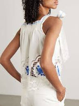 FARM RIO Daisy Embroidered Linen Blend Top - White /Blue SzS