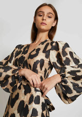 GANNI Linen Silk Wrap Dress - Leopard Sz40 NZ Large