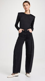 TIBI Micro Jersey Shoulderpad Fitted Crewneck Top - Black SzM
