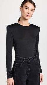 TIBI Micro Jersey Shoulderpad Fitted Crewneck Top - Black SzM