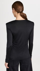 TIBI Micro Jersey Shoulderpad Fitted Crewneck Top - Black SzM