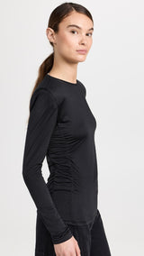 TIBI Micro Jersey Shoulderpad Fitted Crewneck Top - Black SzM
