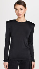 TIBI Micro Jersey Shoulderpad Fitted Crewneck Top - Black SzM