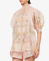 ZIMMERMANN Waverly Floral-Print Blouse - Pastel Pink Sz4 NZ16